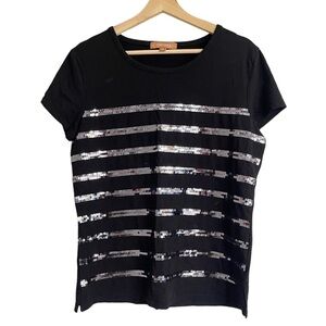 Ellen Tracy Black Sequin Stripe Short Sleeve‎ Crew Neck T-Shirt Top